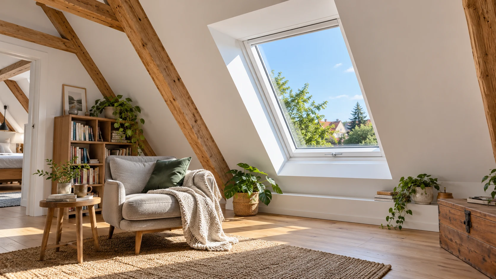 Heller ausgebauter Dachraum mit Holzgebälk, Dachfenster und Leseecke