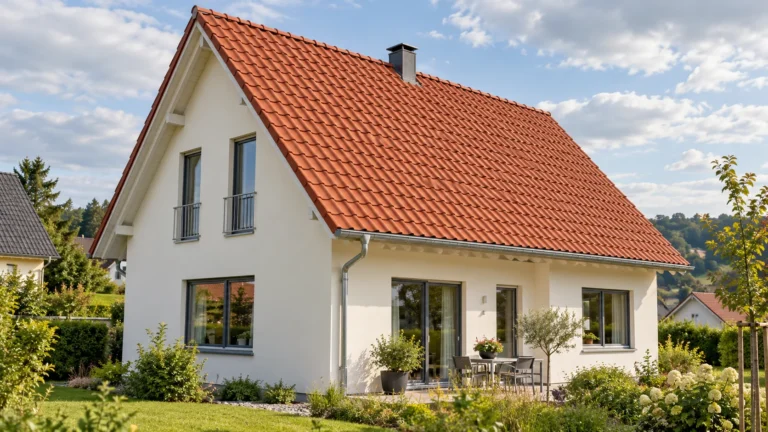 Wohnhaus mit rotem Ziegeldach, Schornstein und Dachrinne in einem begrünten Wohngebiet