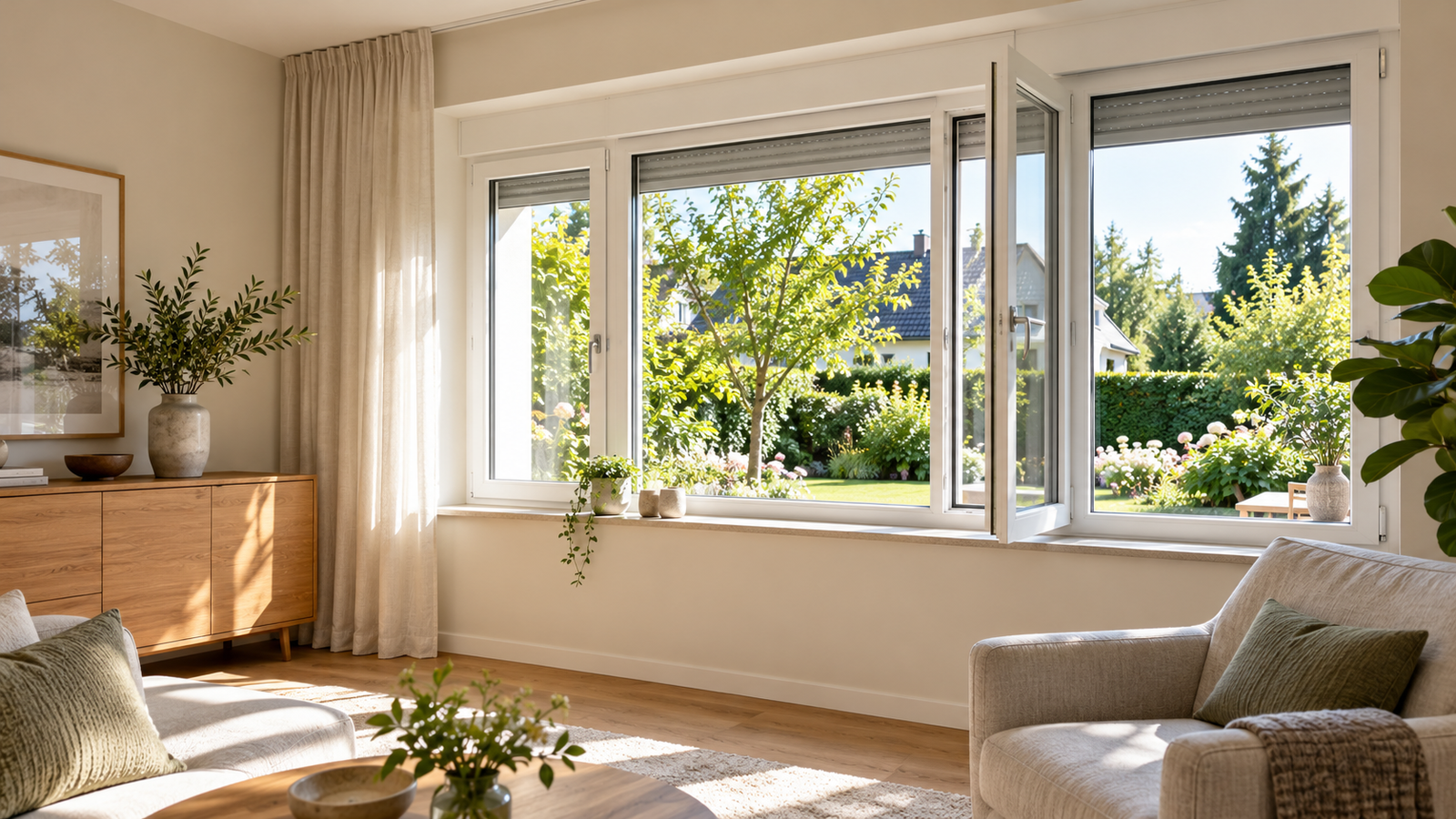 Heller Wohnraum mit weißen Fenstern und Blick in einen Garten