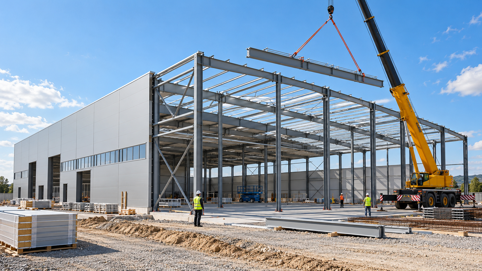 Stahlkonstruktion einer Gewerbehalle im Bau