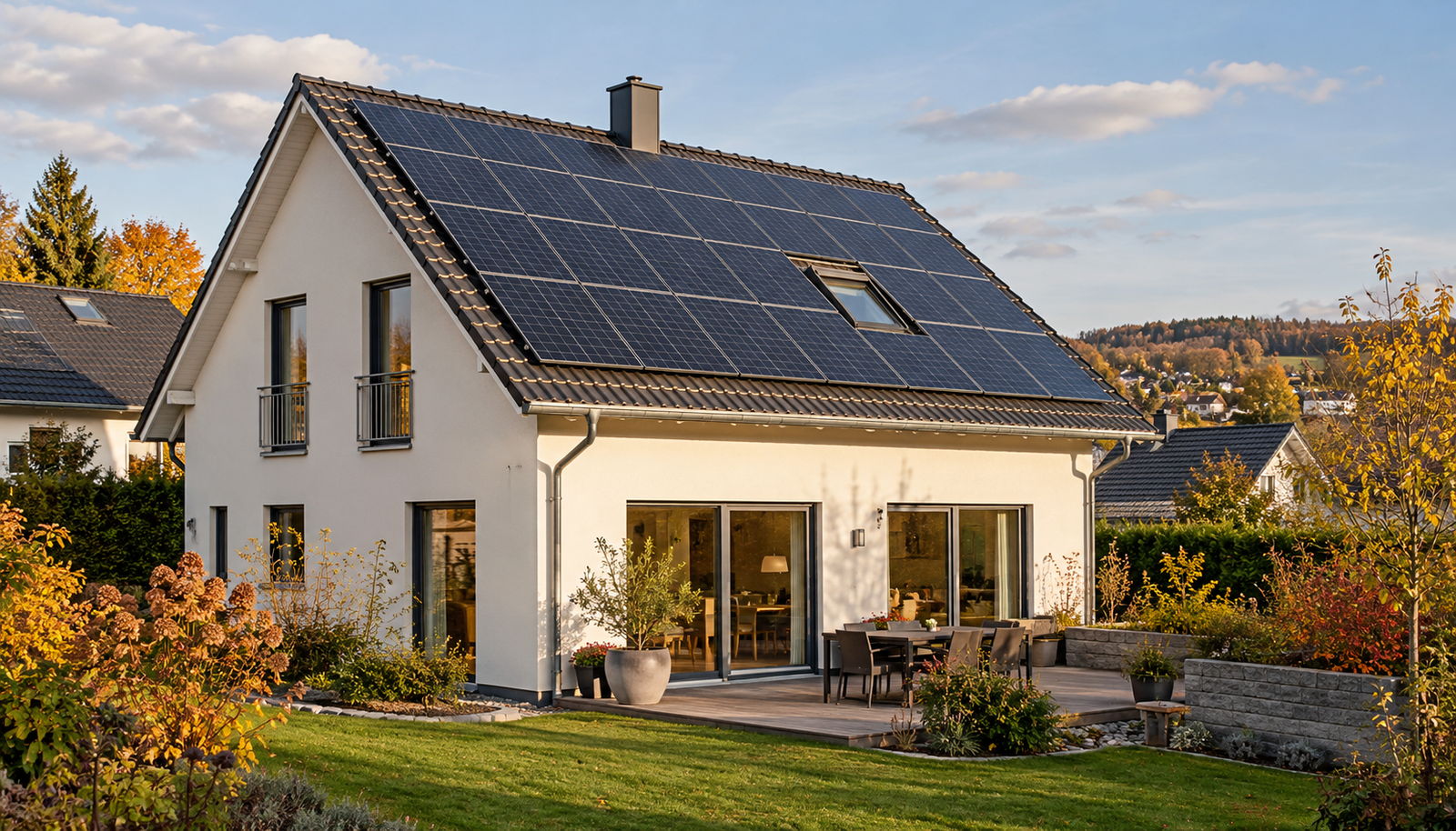Einfamilienhaus mit Photovoltaikmodulen auf dem Dach